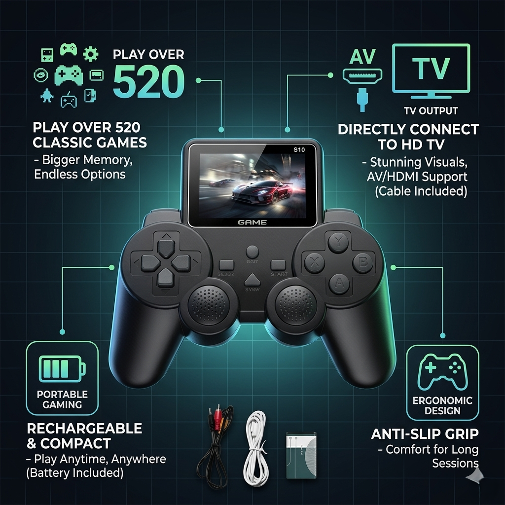 Retro Game Console Controller – 520 Classic Games | TV Connect | Rechargeable