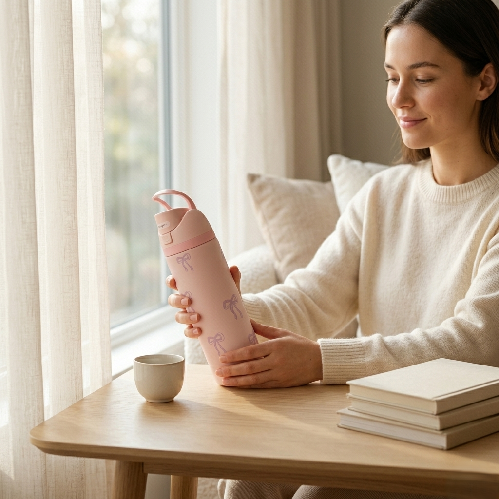 Elegant Kids Pink Water Bottle – Minimal Bow Design | Leakproof & Lightweight