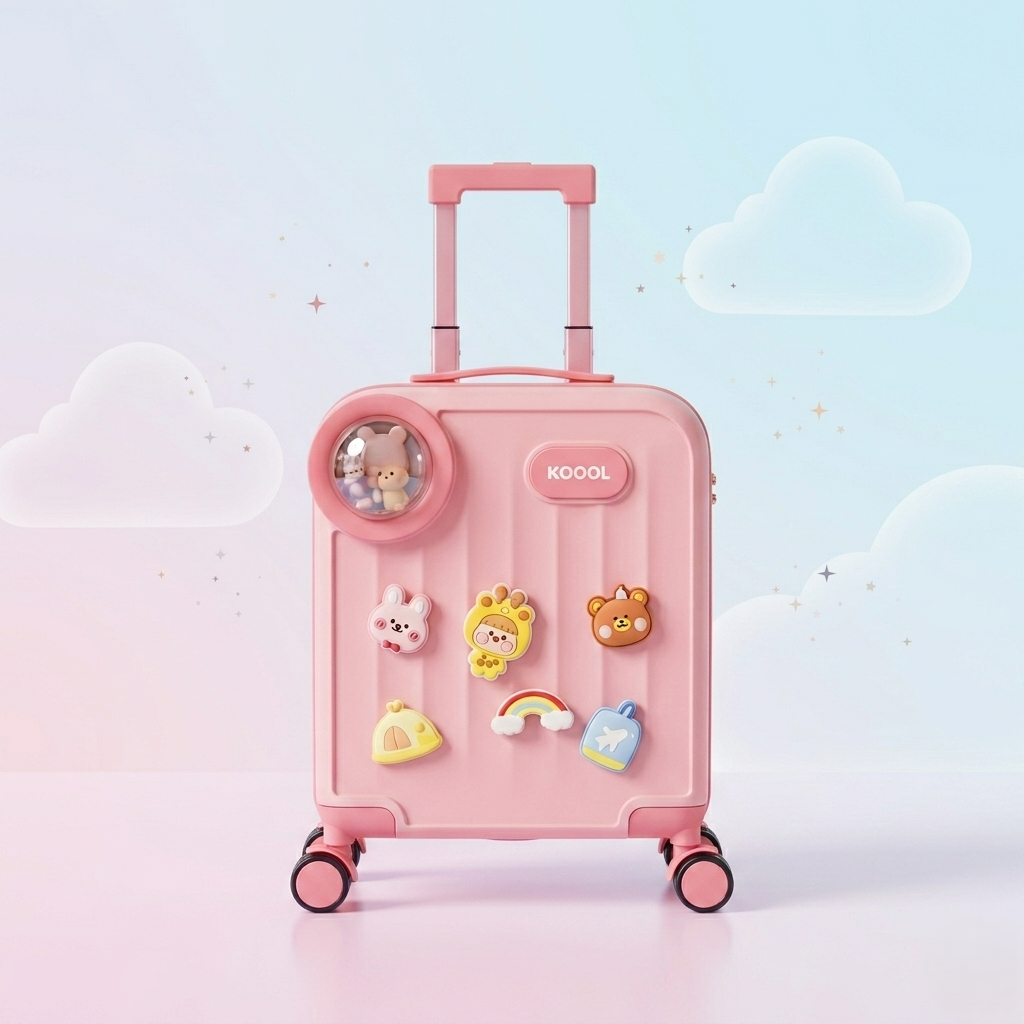 Kids Cartoon Travel Trolley Suitcase – Premium Hardcase Luggage with 360° Wheels & Cute Removable Badges