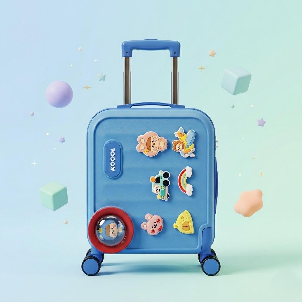 Kids Cartoon Travel Trolley Suitcase – Premium Hardcase Luggage with 360° Wheels & Cute Removable Badges