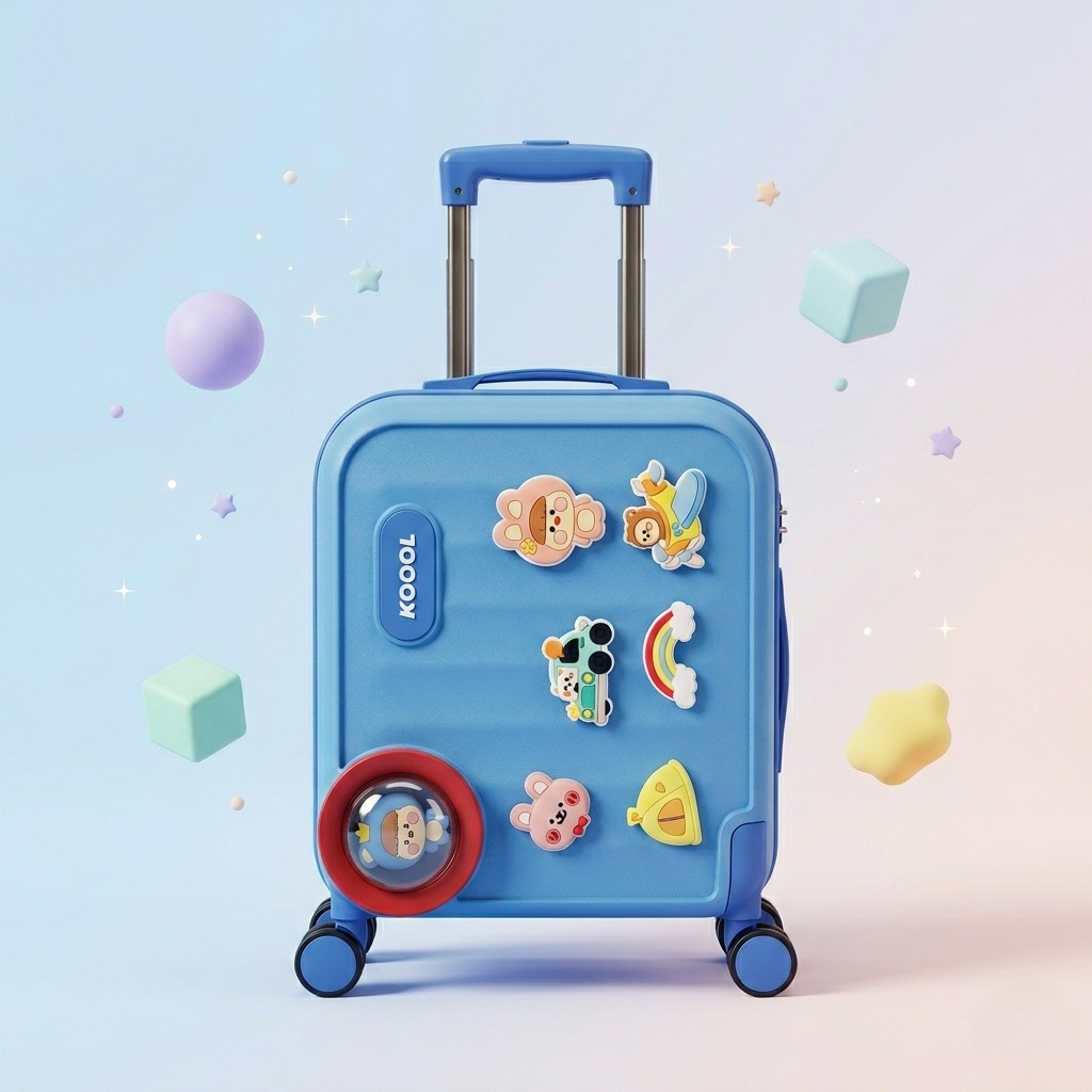 Kids Cartoon Travel Trolley Suitcase – Premium Hardcase Luggage with 360° Wheels & Cute Removable Badges