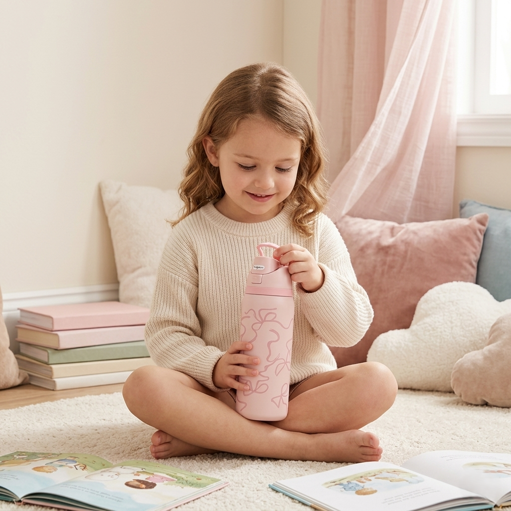 Elegant Kids Pink Water Bottle – Minimal Bow Design | Leakproof & Lightweight