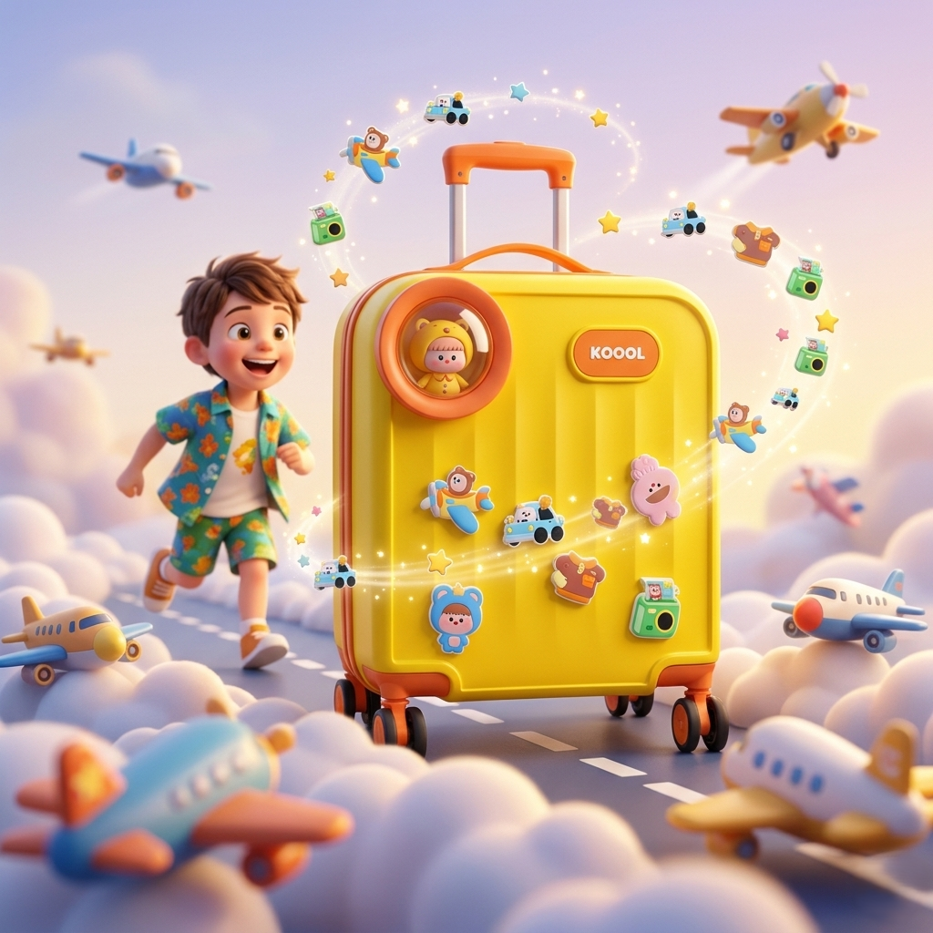 Kids Cartoon Travel Trolley Suitcase – Premium Hardcase Luggage with 360° Wheels & Cute Removable Badges
