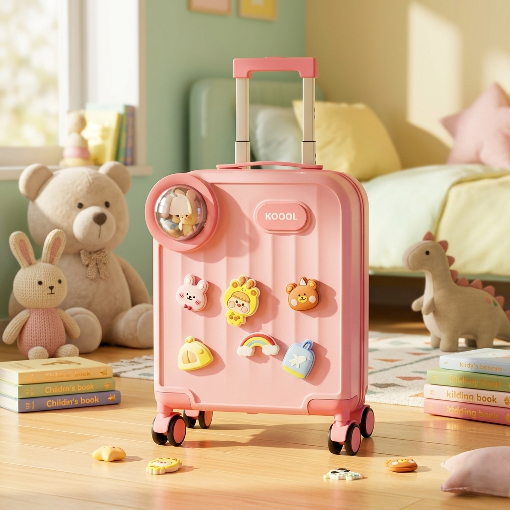 Kids Cartoon Travel Trolley Suitcase – Premium Hardcase Luggage with 360° Wheels & Cute Removable Badges