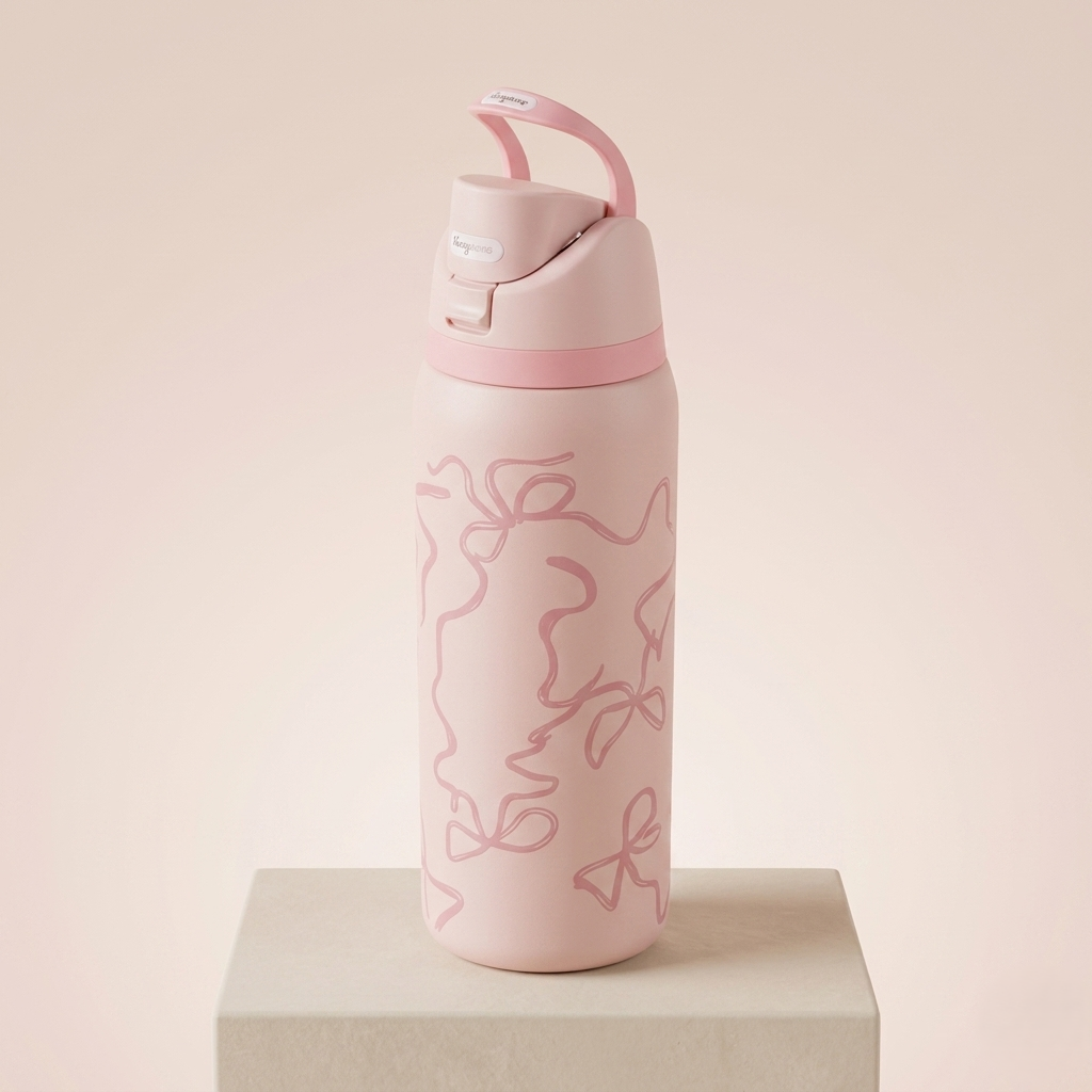 Elegant Kids Pink Water Bottle – Minimal Bow Design | Leakproof & Lightweight