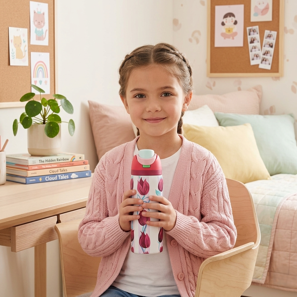 Elegant Kids Pink Water Bottle – Minimal Bow Design | Leakproof & Lightweight